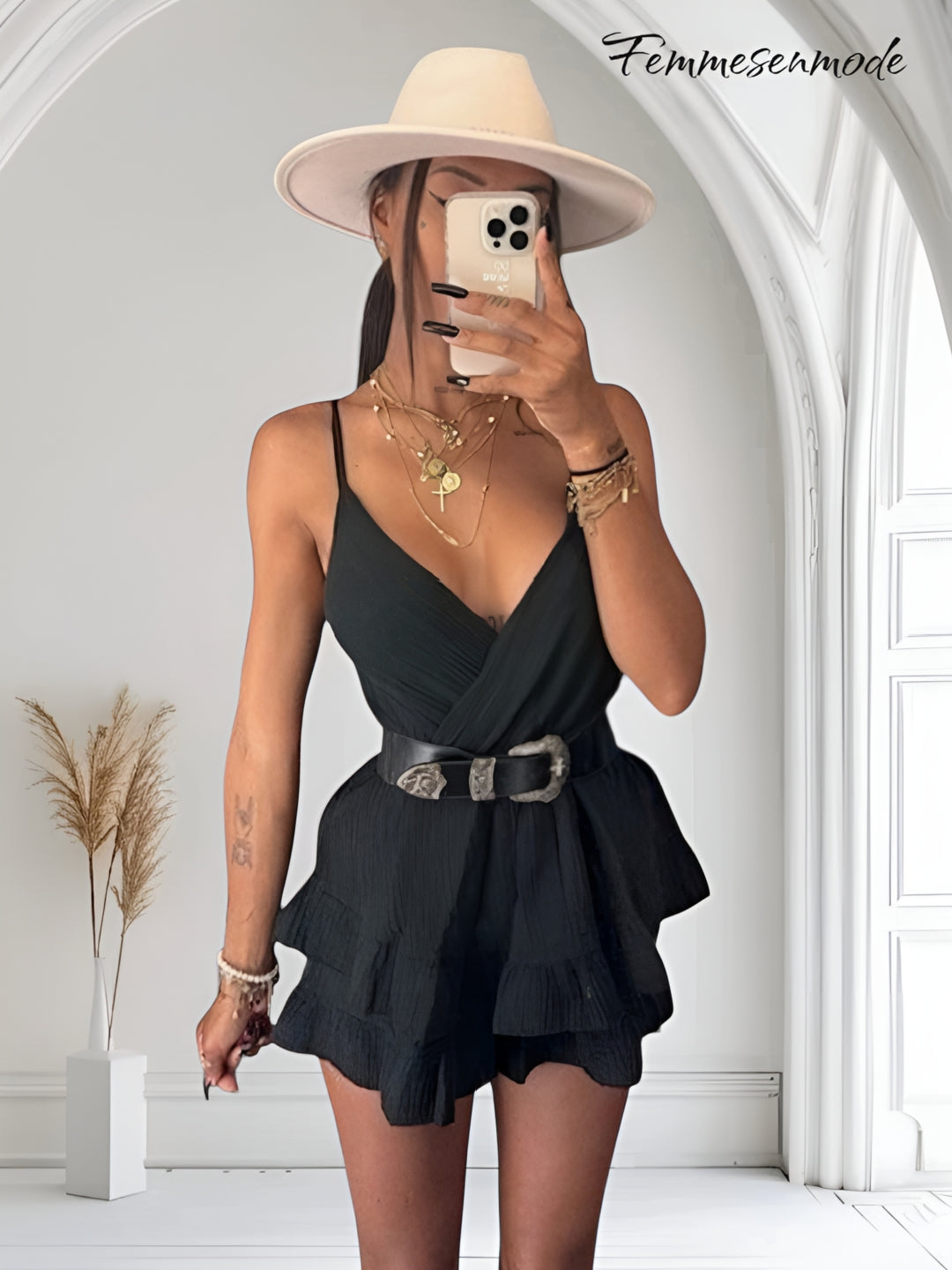 Combinaison jupe-short en coton gaze col V et bretelle réglable